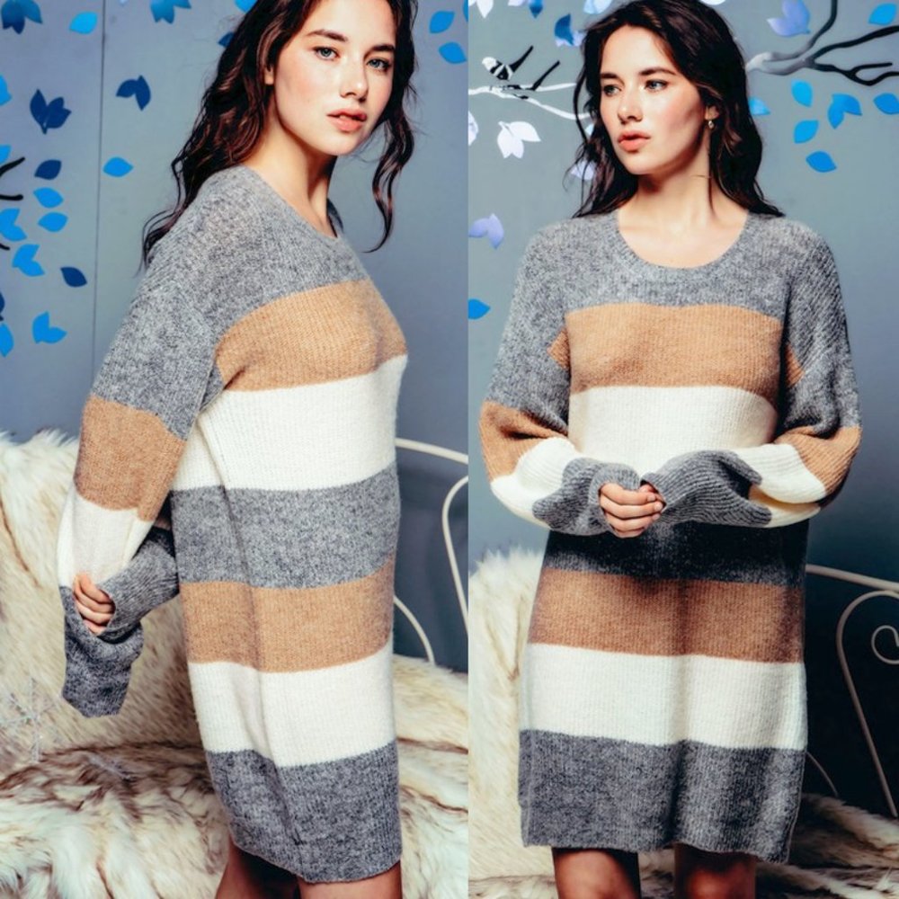 NEW Neutral Stripe Colorblock Soft Sweater Dress - Picture 9 of 13